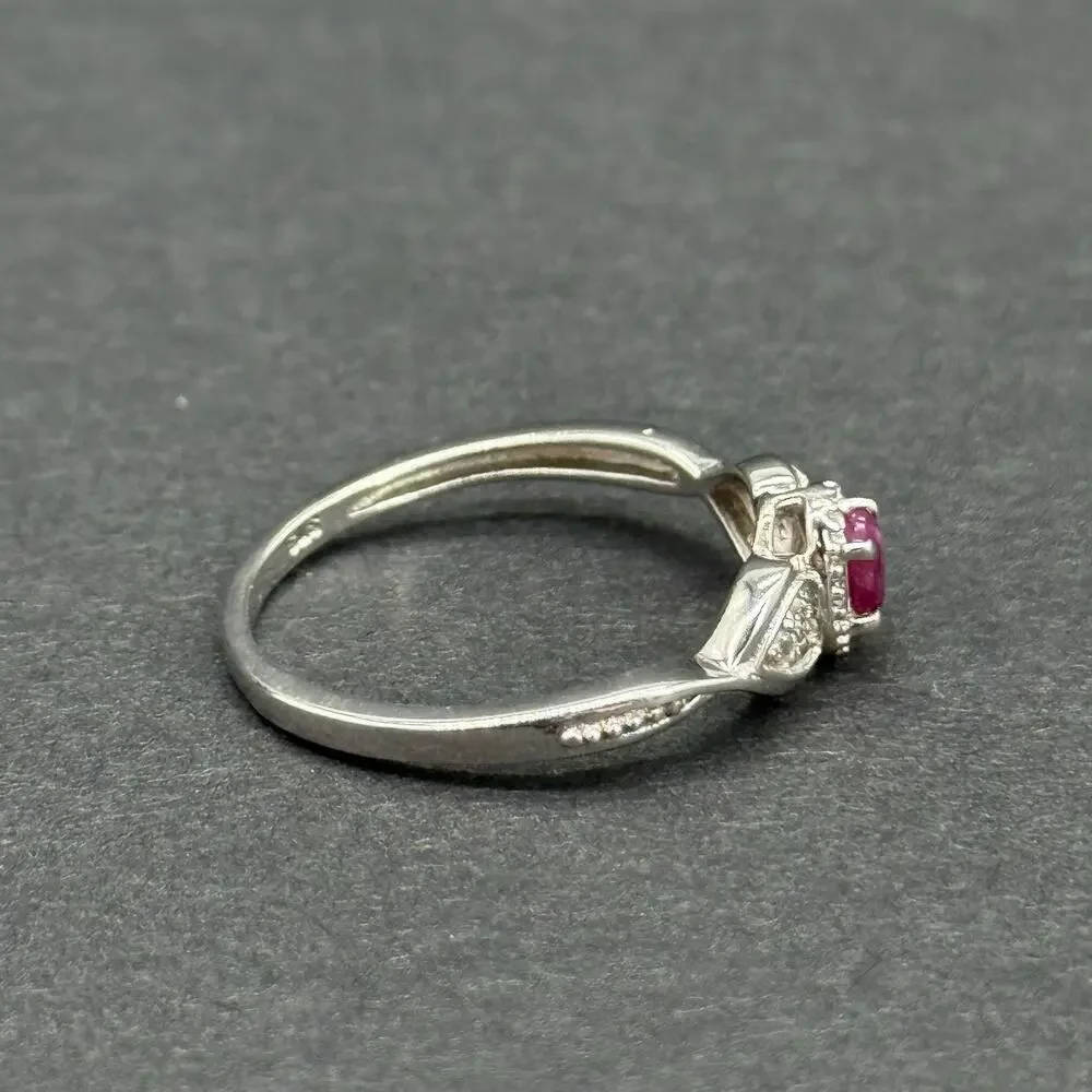 Signed STS 925 Sterling Silver Oval Ruby White Topaz Heart Accent Ring Size 9